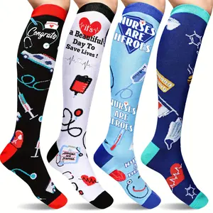 4 Pairs Nurse Compression Socks 20-30mmHg Support Knee-High -Themed Socks with Inspirational Quotes & Nursing Symbols - Breathable Elastic Fabric for Running, Standing, Graduation, Christmas Gifts (Light Blue, Dark Blue, White, Black, Large-X-Large)
