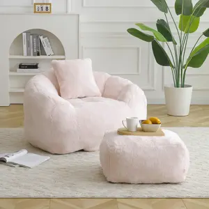 [Fahuac] Faux Fur Shell Shape Bean Bag Chair with Ottoman, High Density Foam, Ergonomic Lounge Chair for Living Room Bedroom., Beanbag Lazy Sofa, Chill Room Furniture, Modern