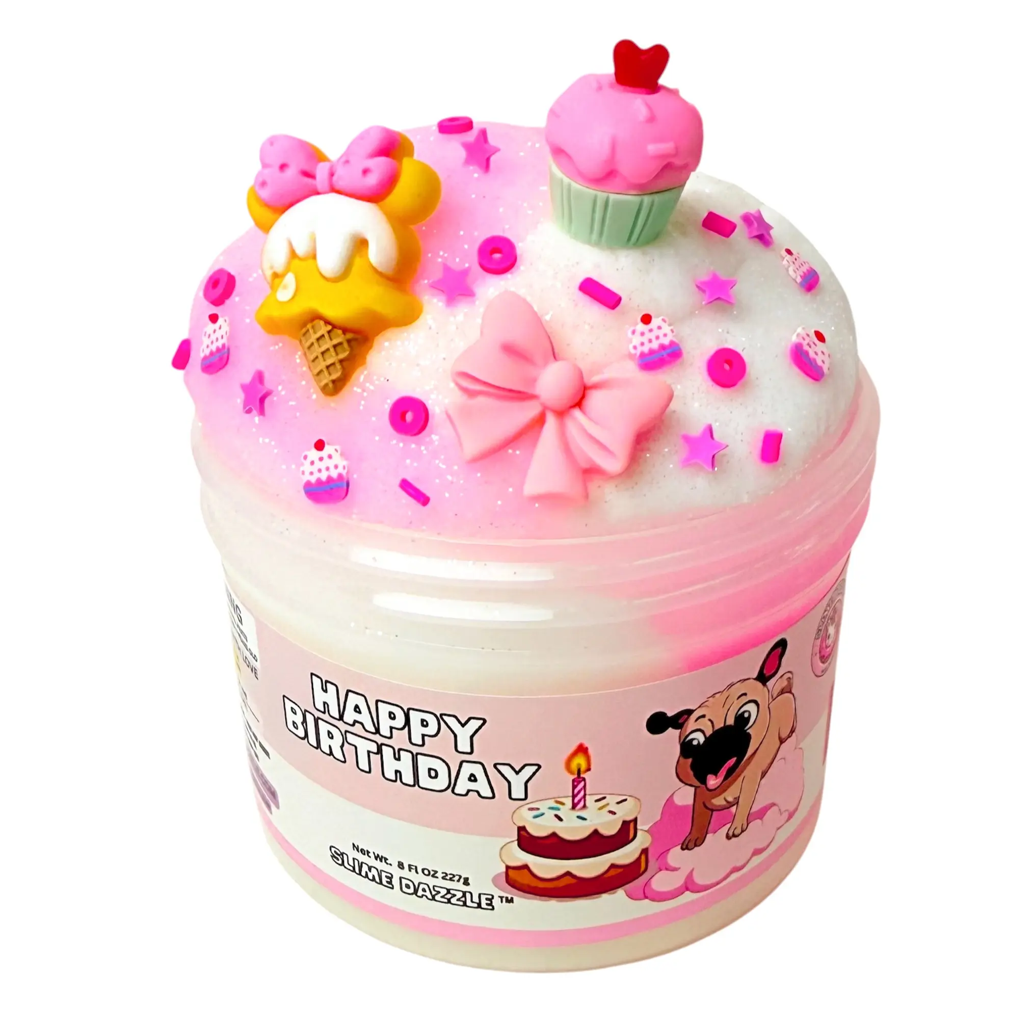 Happy Birthday Cloud Slime – Birthday Cake Scented Fluffy Slime – Pink & White Drizzle Slime – Soft Stretchy Scented Slime Gift