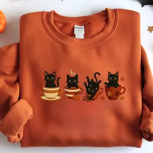 Embroidered Halloween Black Cat Sweatshirt, Pumpkin Fall Sweater, Halloween Shirt, Cute Autumn Spooky Season, Cat Lover Gift, Coffee Lovers