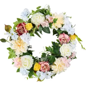 VEVOR Spring Wreath for Front Door 24 Inch - Artificial Hydrangea Wreath with Peonies, Year - Round All Season Outdoor Indoor Decor (Blue White Green Summer Floral)