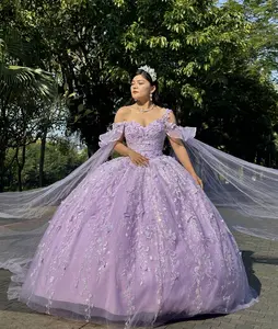 NO.29 Quinceanera Dress 3D Butterfly & Flower Design Long & Wide Removable Lilac Sagegreen Sparkle Tulle Ball Gown Dress