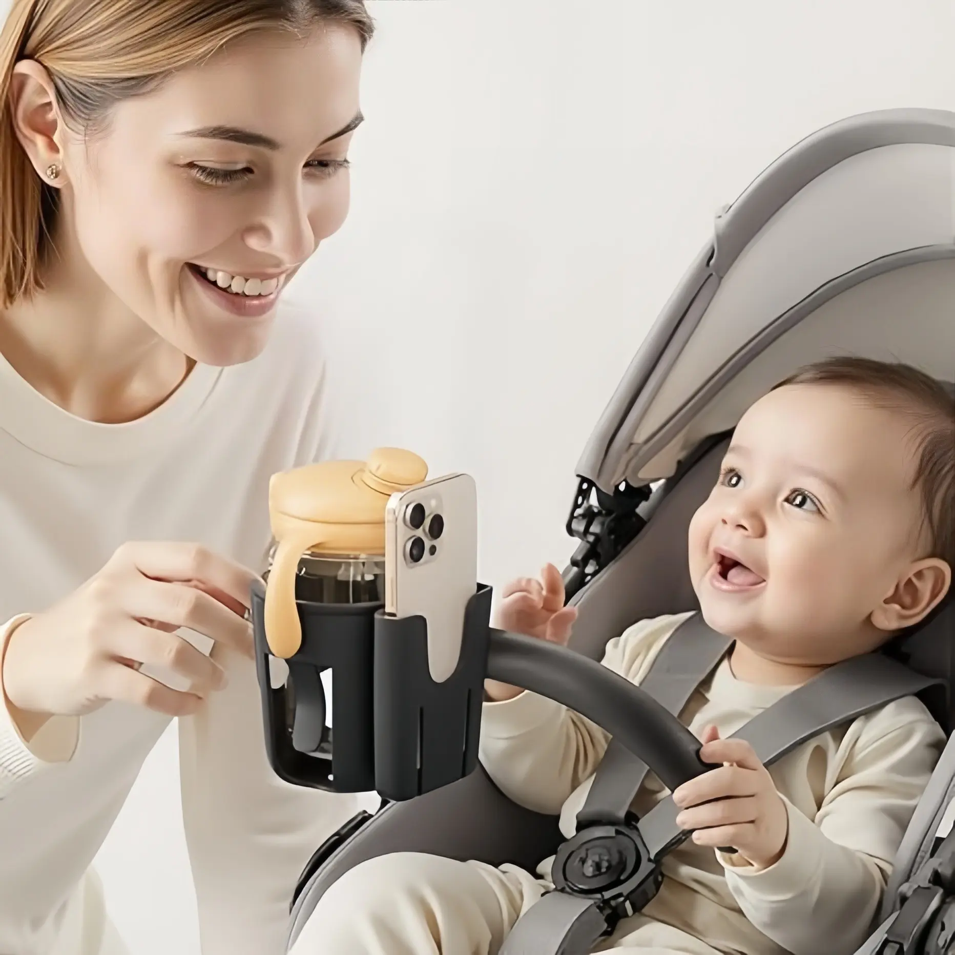 Baby Stroller Cup Holder with Phone Holder, 2 in 1 Stroller Cup Holder, Universal Newborn Infant Stroller Accessories for Uppababy Nuna Doona, Bicycle, Wheelchair