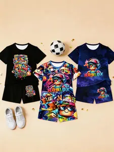 Boys' Roblox Three-Piece Youth Kits Sports Set, Full Print Short Sleeve Shorts, Casual Fashion Outdoor Wear, Birthday Gift, Holiday Gift