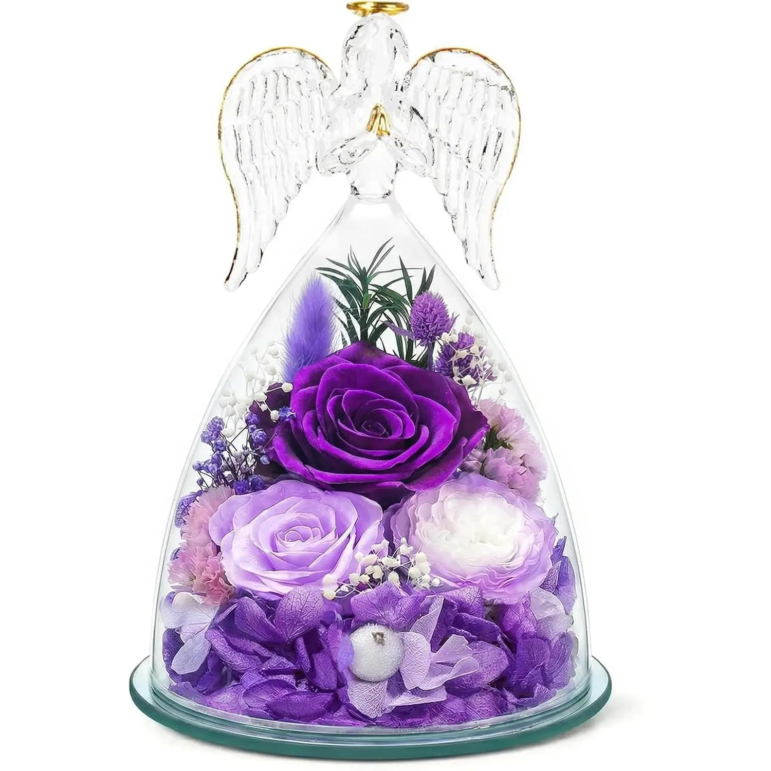 TranquilBliss Preserved Purple Floral Decor - Led Light Glass Dome with Angel Figurine, Gifts for Mom (Mother’s Day, Anniversary) - Battery-Operated Home Decor Statue, Batteries