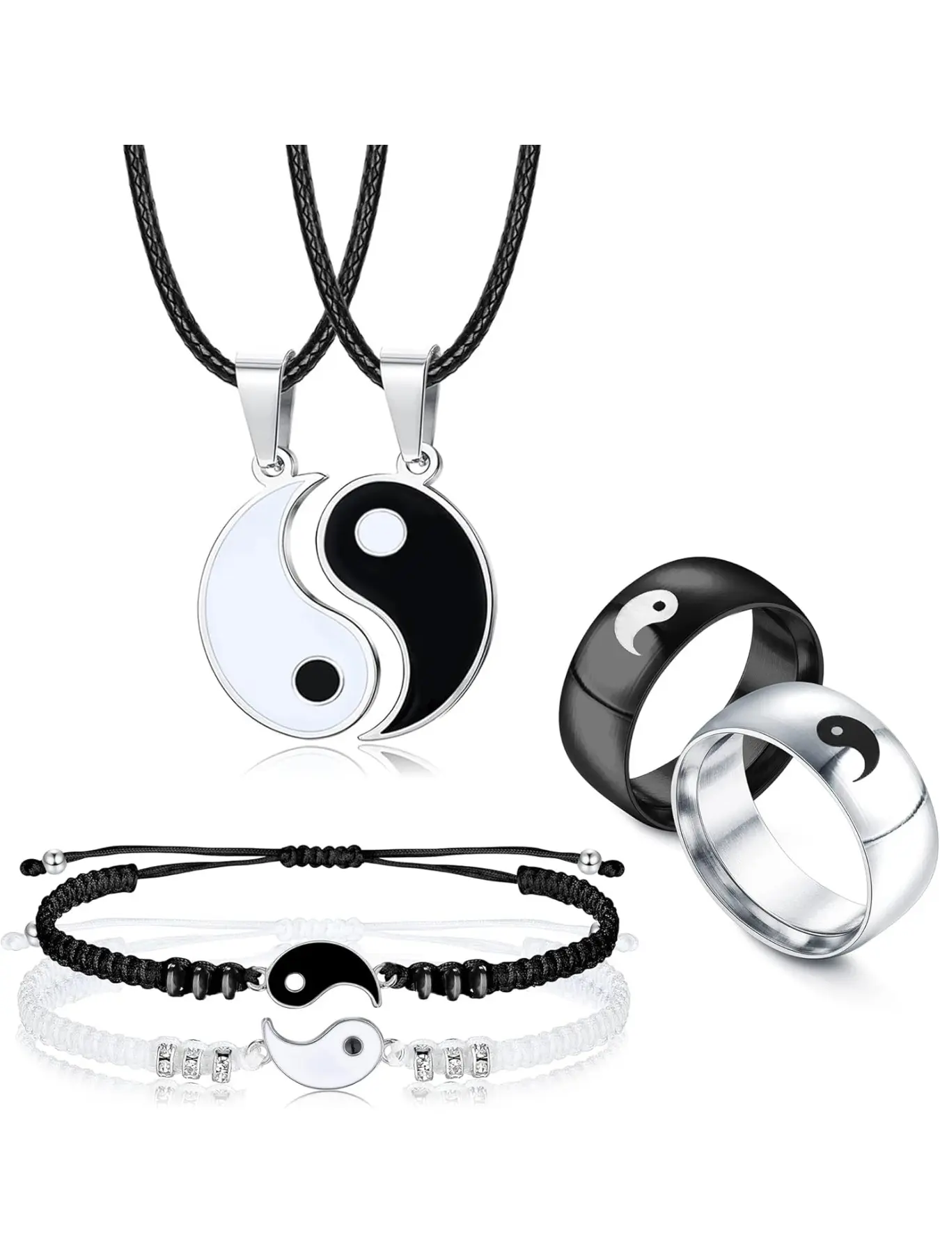 6 Pieces Matching Yin Yang Necklace Bracelets Rings Fashionable Jewelry Set Couple Necklace Bracelet Rings for Him and Her Matching Yin Yang Necklace Boyfriend Girlfriend Friendship Valentine's Day Jewelry Gift