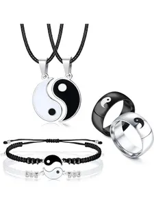6 Pieces Matching Yin Yang Necklace Bracelets Rings Set Couple Necklace Bracelet Rings for Him and Her Matching Yin Yang Necklace Boyfriend Girlfriend Friendship Valentine's Day Jewelry Gift