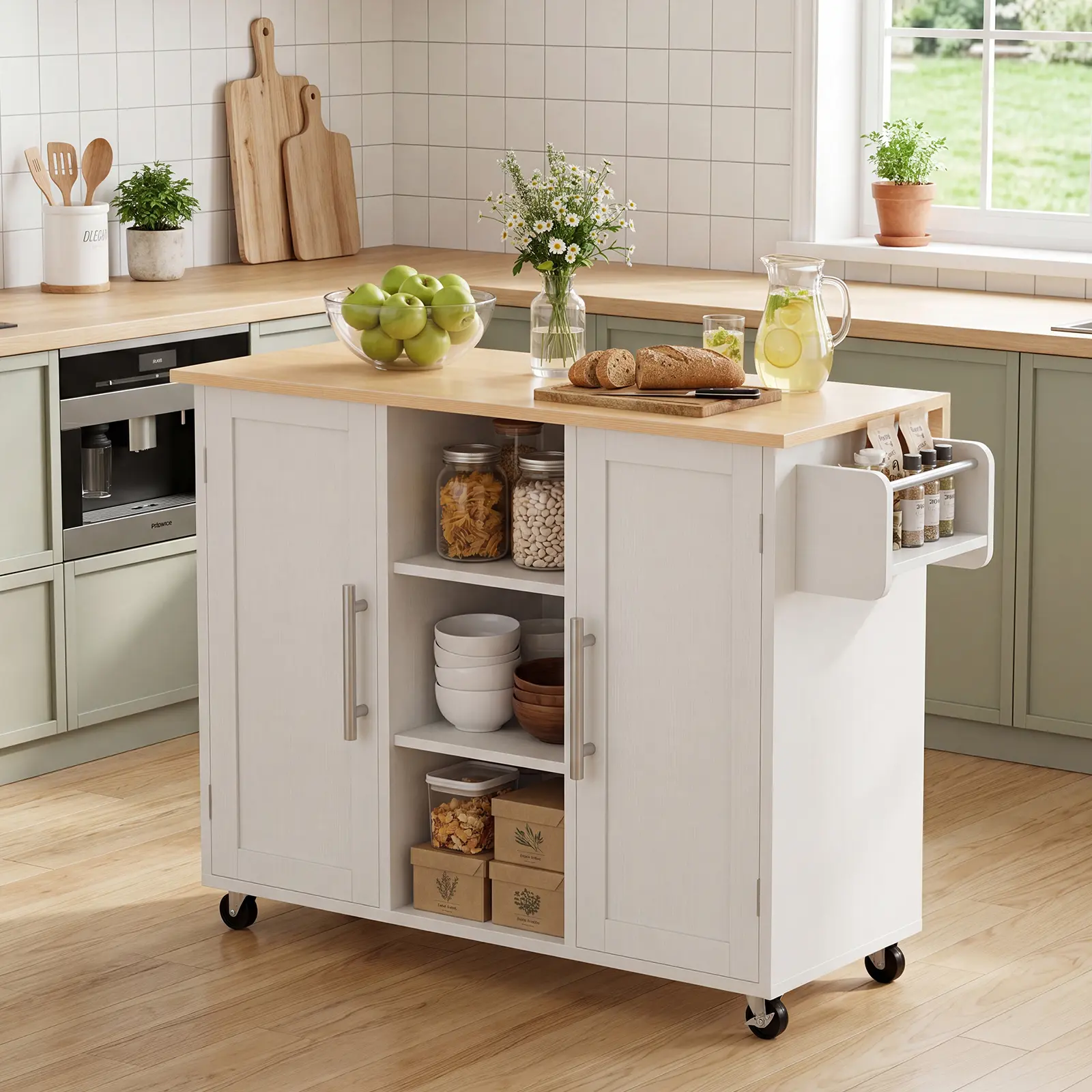 Rolling Kitchen Island Cart with Foldable Drop-Leaf Countertop, Storage Cabinets, Adjustable Shelves, Side Spice Rack & Lockable Wheels for Small Kitchen Spaces