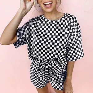 Women's Two Piece Set Black Checkered Top and Short Casual 2pcs Set Brown Checkered Top and Short Casual 2pcs Set Womenswear