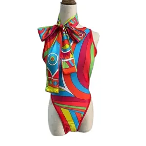 RED ONE PIECE SWIN SUIT with Vibrant Geometric Print and Adjustable Bow Tie for Stylish Swimmers