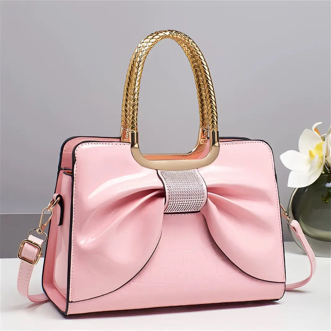 Elegant Pink Handbag with Gold Handle and Rhinestone Bow - Available in Pink, Red, Brown, Navy Blue, Cream, Black