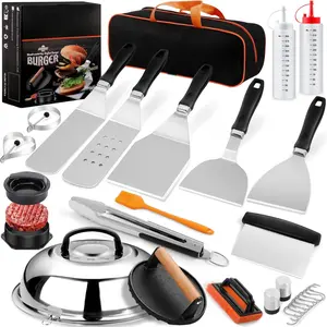 27pcs Griddle Accessories Kit for Hibachi Flat Top Grill Tools Enlarged Spatula Gift Set with Basting Cover Burger Press Patty Maker for Outdoor BBQ Teppanyaki