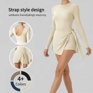 Women's Long Sleeve Tennis Dress with Ruffle Side Slit & Built-in Shorts for Yoga Golf Athletic Activities Homecoming Dress Activewear Machine Washable High Stretch Knit Fabric