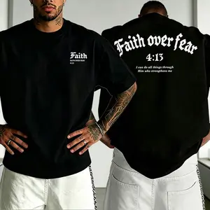 Men’s “Faith Over Fear” Christian graphic T-shirt, Philippians 4:13 verse print tee, casual crew neck, perfect for faith wear, church outfits, and streetwear.