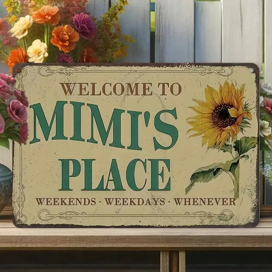 1PC 8x12 inch Vintage Tin Sign, Welcome To Mimi's Place, Rustic Home Decor, Floral Wall Art, Perfect  High-Quality Metal, home decor plaque funny bar sign Rectangle Design Plaque Gift easy mount lover Yard Sign Hanging Decoration Flower