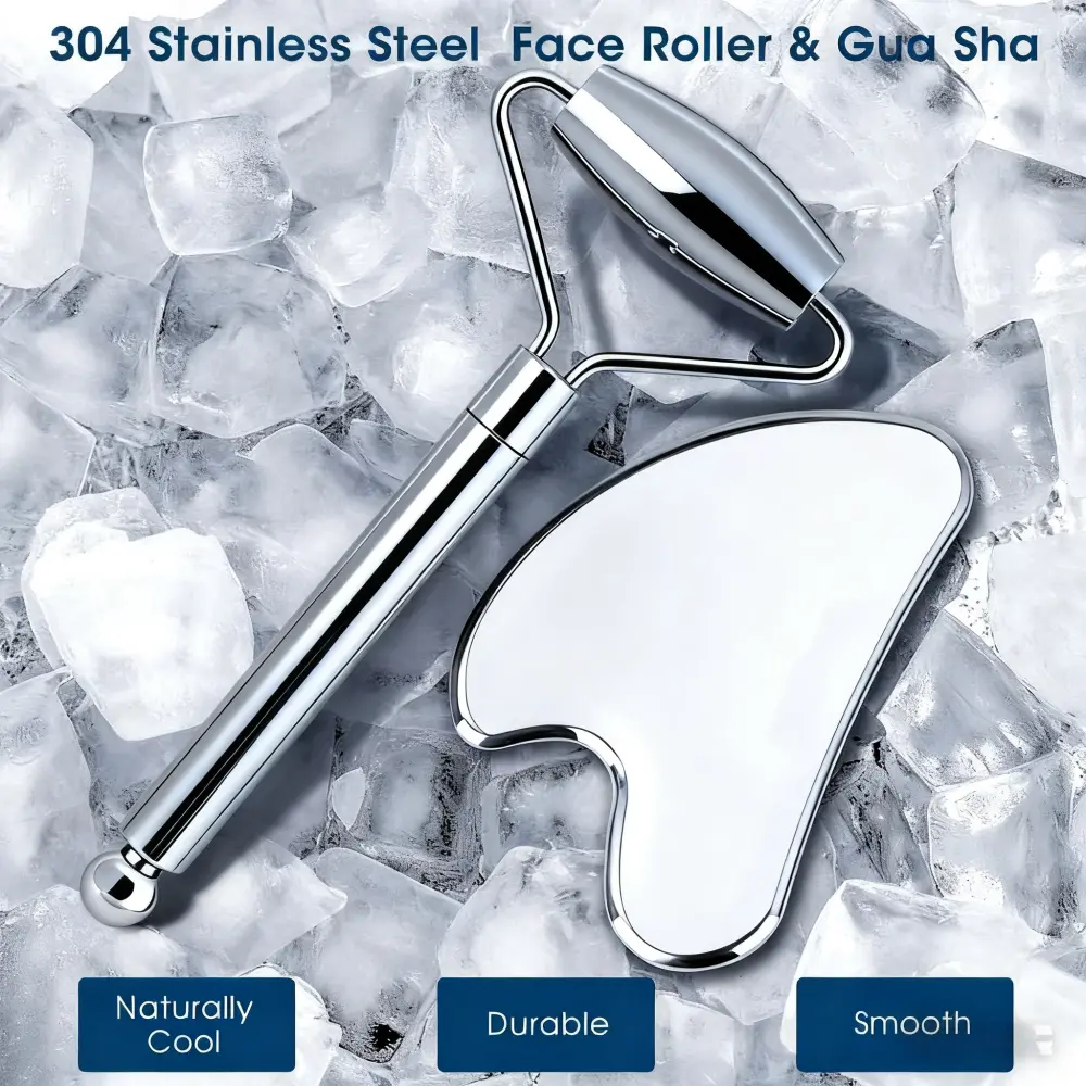 Gua Sha facial tool set with leather case, stainless steel gua sha board, manual metal tools for scraping/massage; skin-tightening sculpting tools for face, eyes, neck, and body