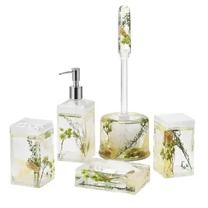 Locco Decor 5 Piece Acrylic Liquid 3D Floating Motion Bathroom Vanity Accessory Set Soap Toothbrush Toilet