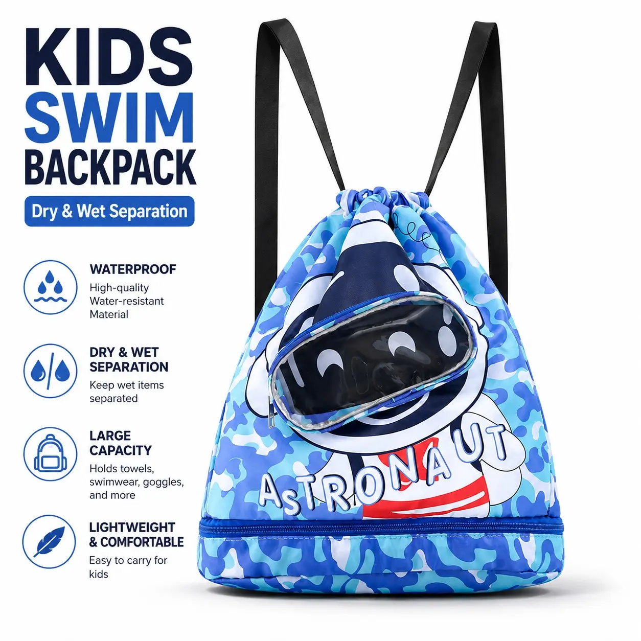 Kids Waterproof Swim Backpack Dry Wet Separation Drawstring Pool Bag Cartoon Swimming Bag For Beach School Sports Swimming Accessories