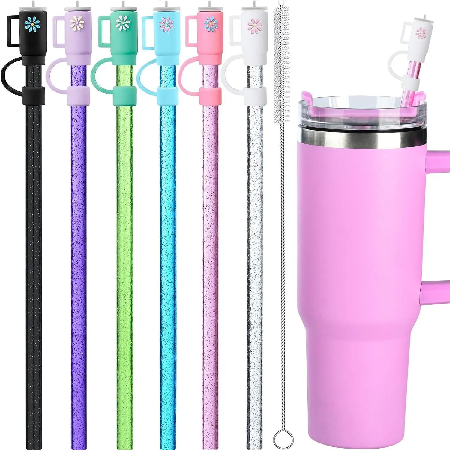 12 count Replacement Glitter Straws and Covers for 40 oz Stanley Adventure Travel Tumbler Cup, Reusable Glitter Straws with Cleaning Brush, Compatible with 40oz 30oz 20oz 14oz Stanley Water Jug, 12inch