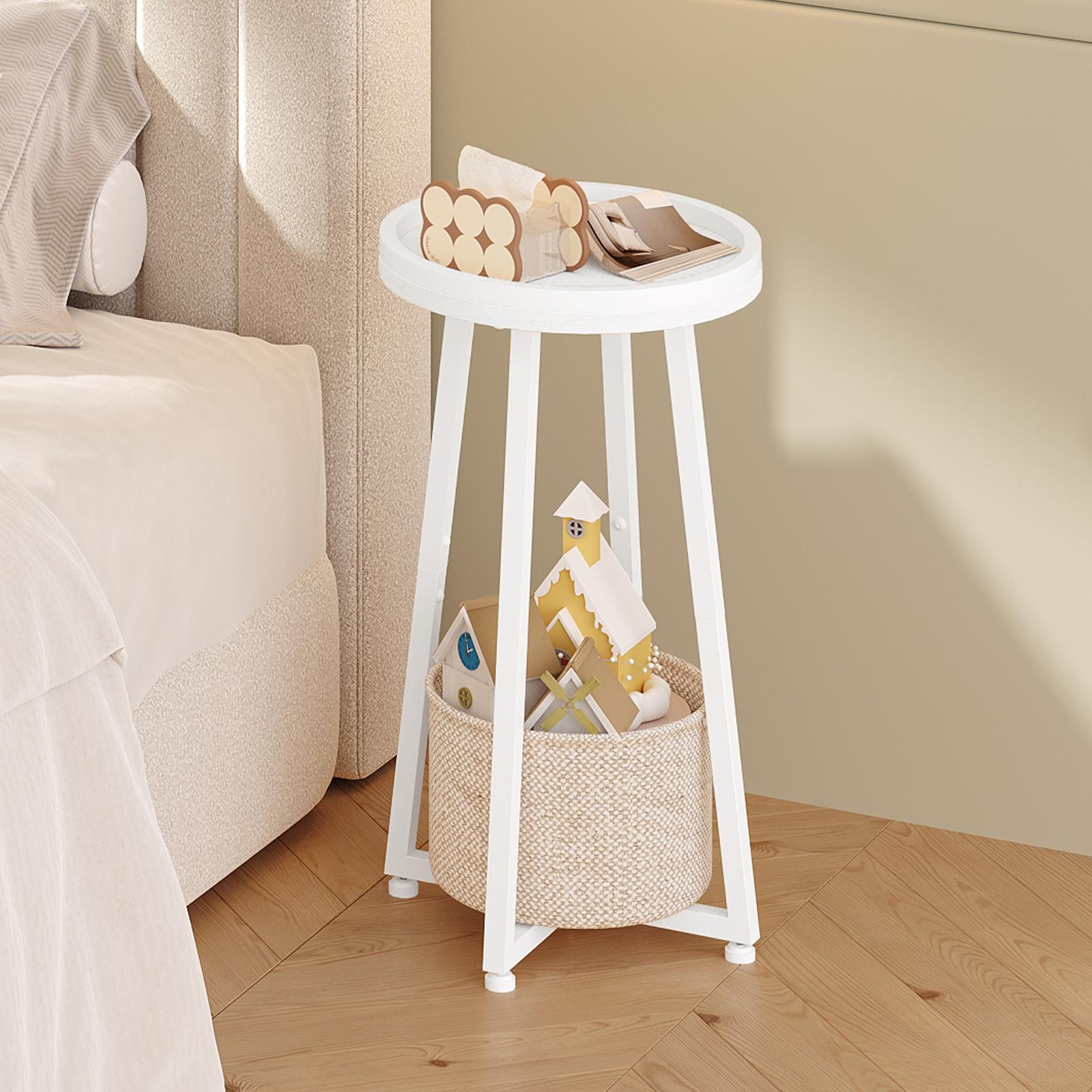 HOOBRO Small Round Side Table, 2-Tier Round Sofa End Table, Compact Nightstand with Cotton Linen Storage Basket, for Small Space, Living Room, Bedroom, Dorm, Rustic Brown