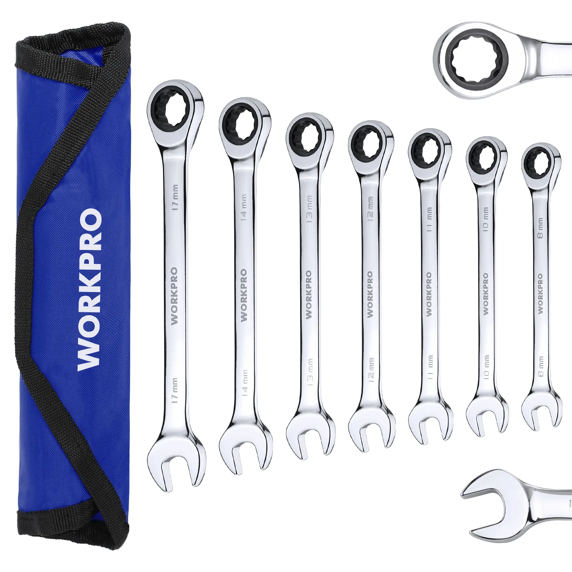 #backtoschool WORKPRO 7-Count Ratcheting Combination Wrench Set, 72 Teeth, Cr-V Constructed, Combo Ratchet Wrenches Set with Roll Up Pouch, Metric/SAE