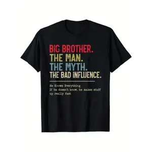 Big Brother The for Man The Myth The Bad Influence Funny Brother T-Shirt - Vintage Style, Short Sleeve, Crew Neck, Regular Fit, Heat Transfer Print, Ideal for Outdoor Activities, Beach Wear, Casual Wear  Vintage Style Shirt  Heat Transfer Print Black