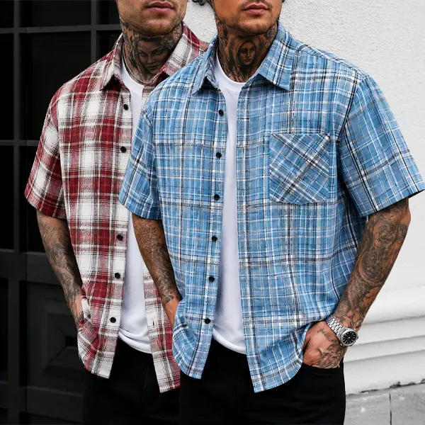 Men's 2-Pack Preppy Checkered Oxford Shirts, Casual Loose-Fit Short-Sleeve Button-Down with Pocket, Lightweight Breathable Menswear Top