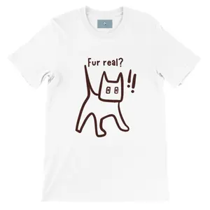 Men's humorous cat-themed apparel with a pun on 'for real' Graphic T-Shirt - Short Sleeve Crew Neck Regular Fit Casual Wear | Soft & Breathable Fabric, Durable Print, Everyday Comfort, Machine Washable, minimalist cartoon illustration casual wear
