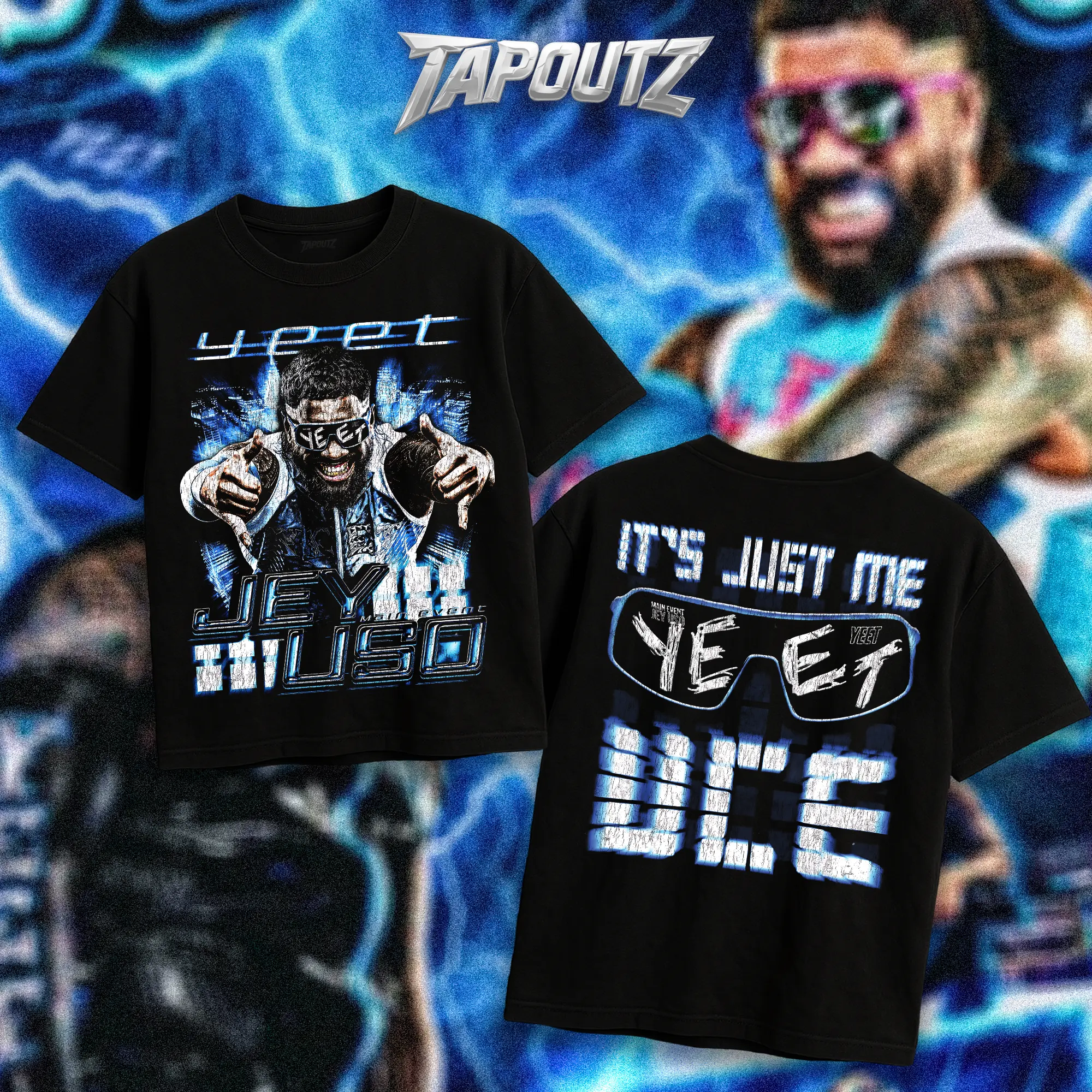 TAPOUTZ Jey Uso Yeet Double-Sided Heavy Cotton T-Shirt - Unisex Streetwear Top, Casual Lightweight Apparel with DTG Breathable Printing, Classic Soft Design for Wrestling Fans, Gift Option (Tapoutz "Yeet It's Just Me Uce" Art)