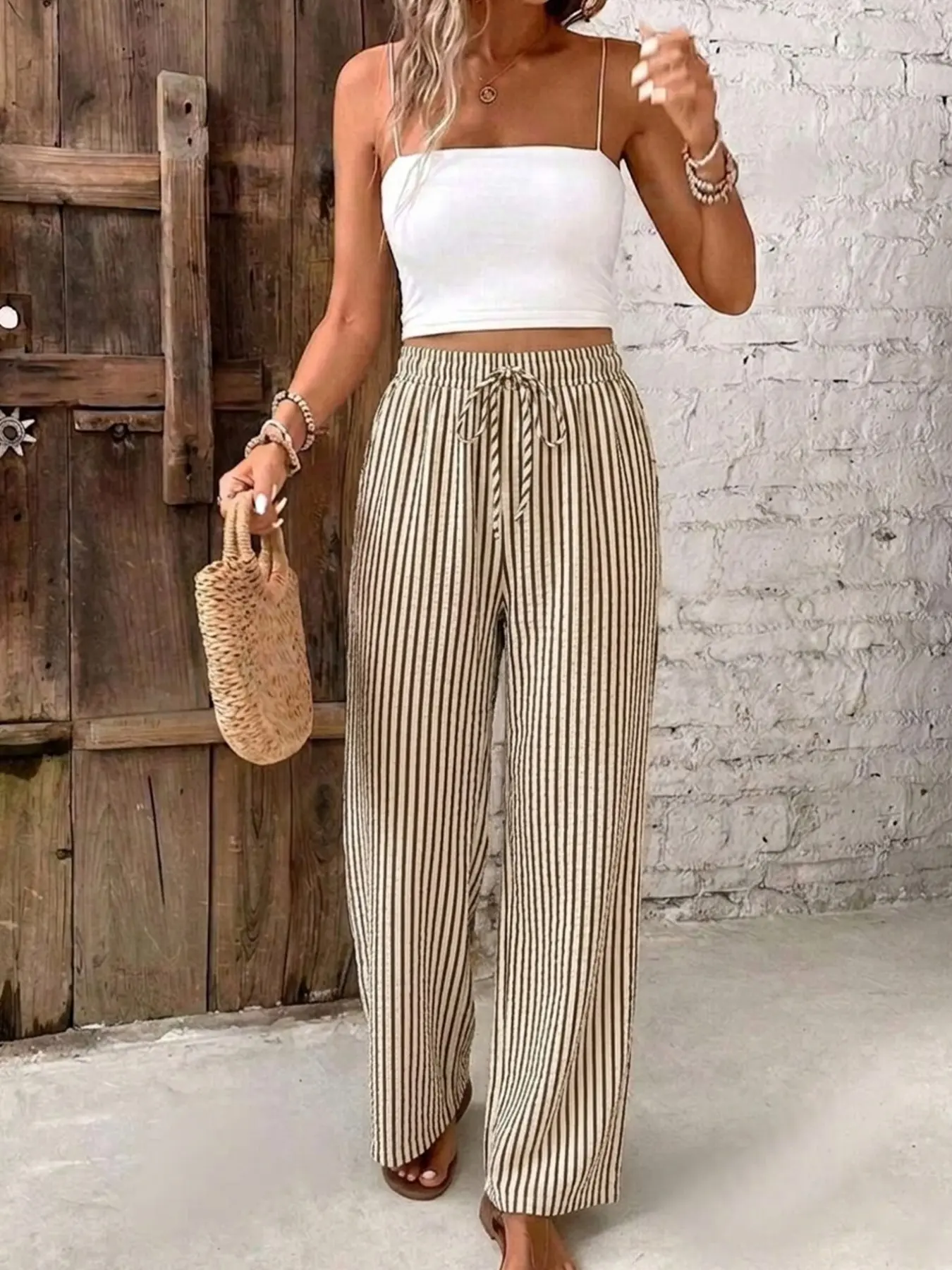 Women's Striped Linen Long Loose Pants, Casual Wide Leg Drawstring Beach Vacation Pants, Summer Beachwear, Comfortable and Stylish, Versatile and Trendy