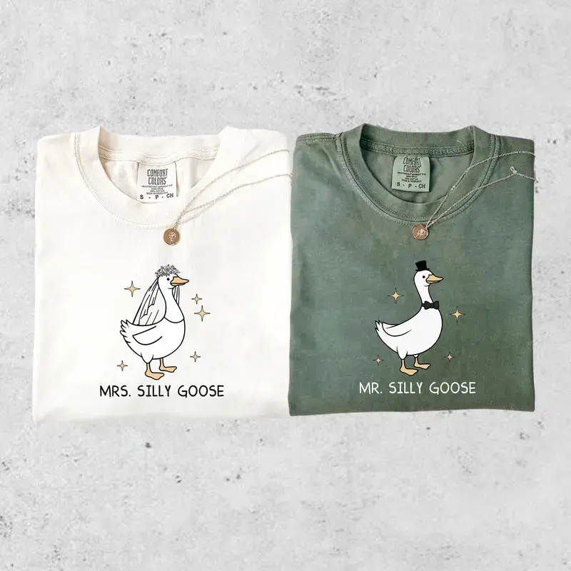 Mr and Mrs Silly Goose Shirt, Matching Couple Wedding Tee, Funny Bride Groom Gift, Honeymoon Outfit, Bride To Be Funny Goose Lover Shirt, Married Shirt