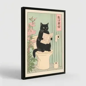 Japanese Black Cat on A Toilet Poster, Funny Bathroom Print, Toilet Poster, Japan Cat Wall Art, Aesthetic Minimalism, Neutral Japandi Print