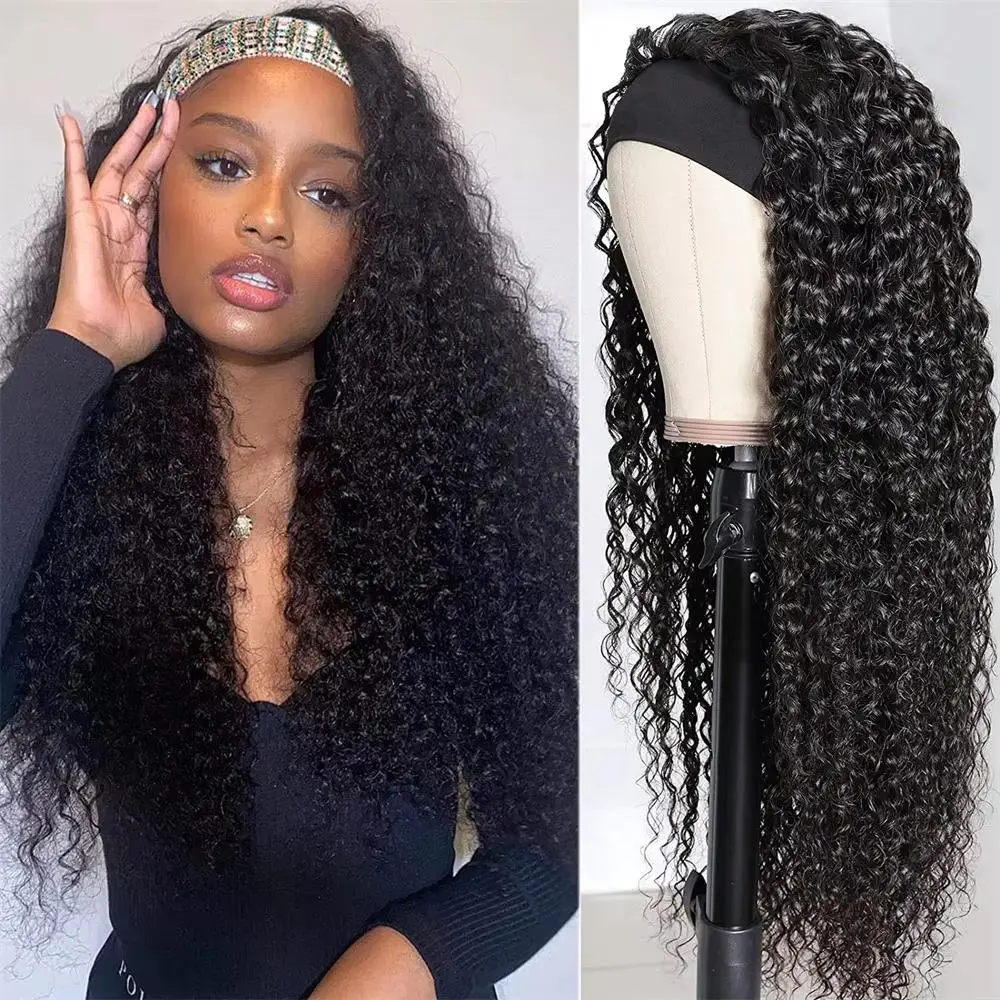 Bling Hair Curly Headband Wig Deep Wave Headband Wigs with Headbands Attached Glueless Black Wig 150% Density for Daily Use (26 Inch)