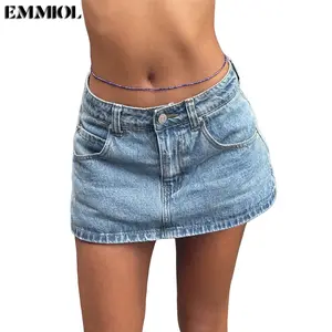 EMMIOL Vintage Blue Fit Denim Mini Jean Skirt for Women - Casual Style Regular Fit Above Knee Cotton Material Multi Belt Loops No Sheer Material Chic Womenswear Machine Washable - Bottom