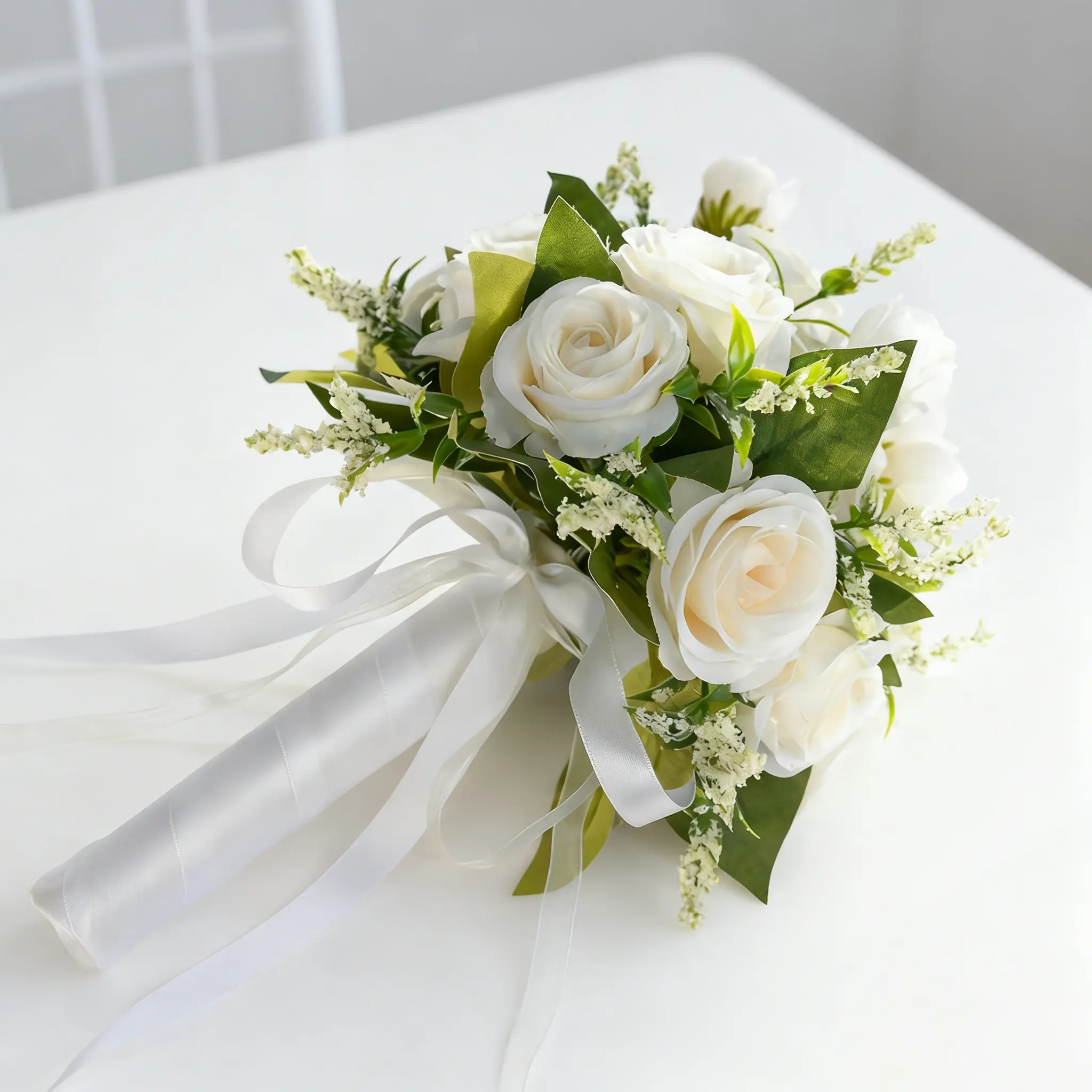White Rose Bridal Bouquet – Handheld Artificial Flowers for Bride, Bridesmaids, Wedding Party Decor, Photography Prop & Bridal Shower Gift