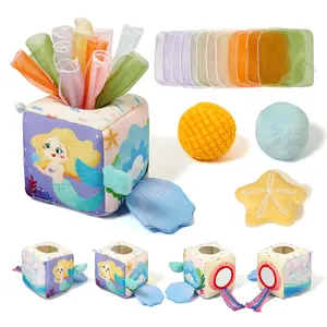 Baby Tissue Box Toy for Babies- Montessori Sensory Busy Cube Toys with 3 Textured Balls & 12 Silky Scarves - Ideal Gift for Toddler Girls Easter gift toddlers