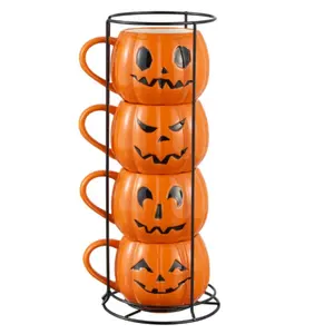 Orange Pumpkin Stoneware Stackable Mug Set - Halloween 13-Ounce - Drinkware, Reusable