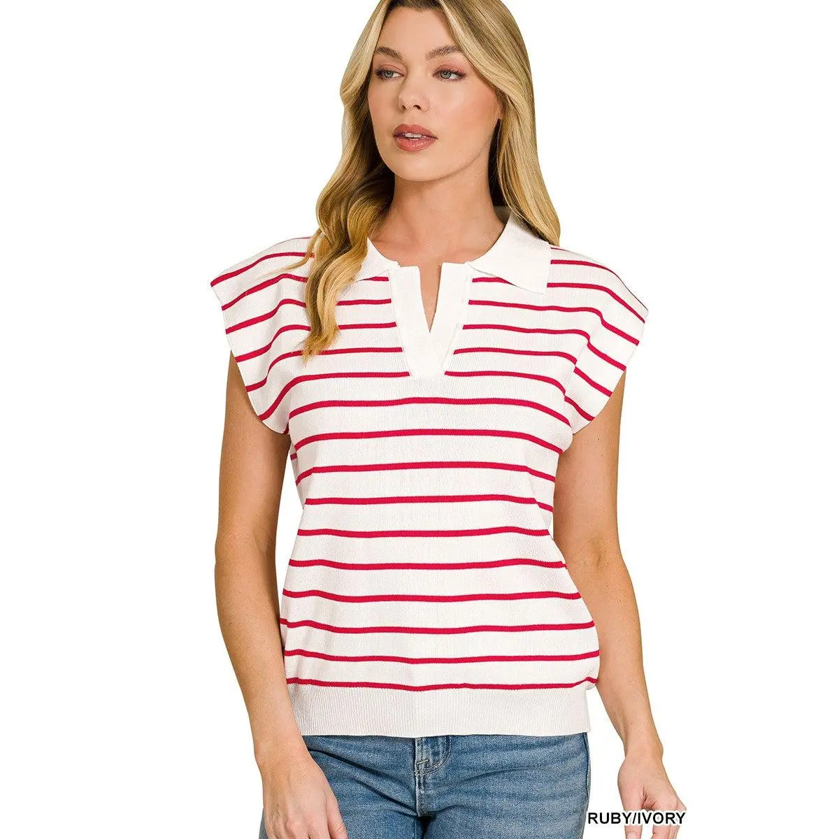 Zenana Viscose Striped Collared Sweater Vest