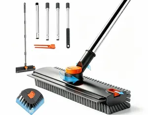 3-in-1 Floor Scrub Brush with Long Handle | Squeegee Broom with Hair Clip for Shower, Tile, Concrete, Deck & Patio - Grey Microfiber Mop  Pads Cleaning Supply