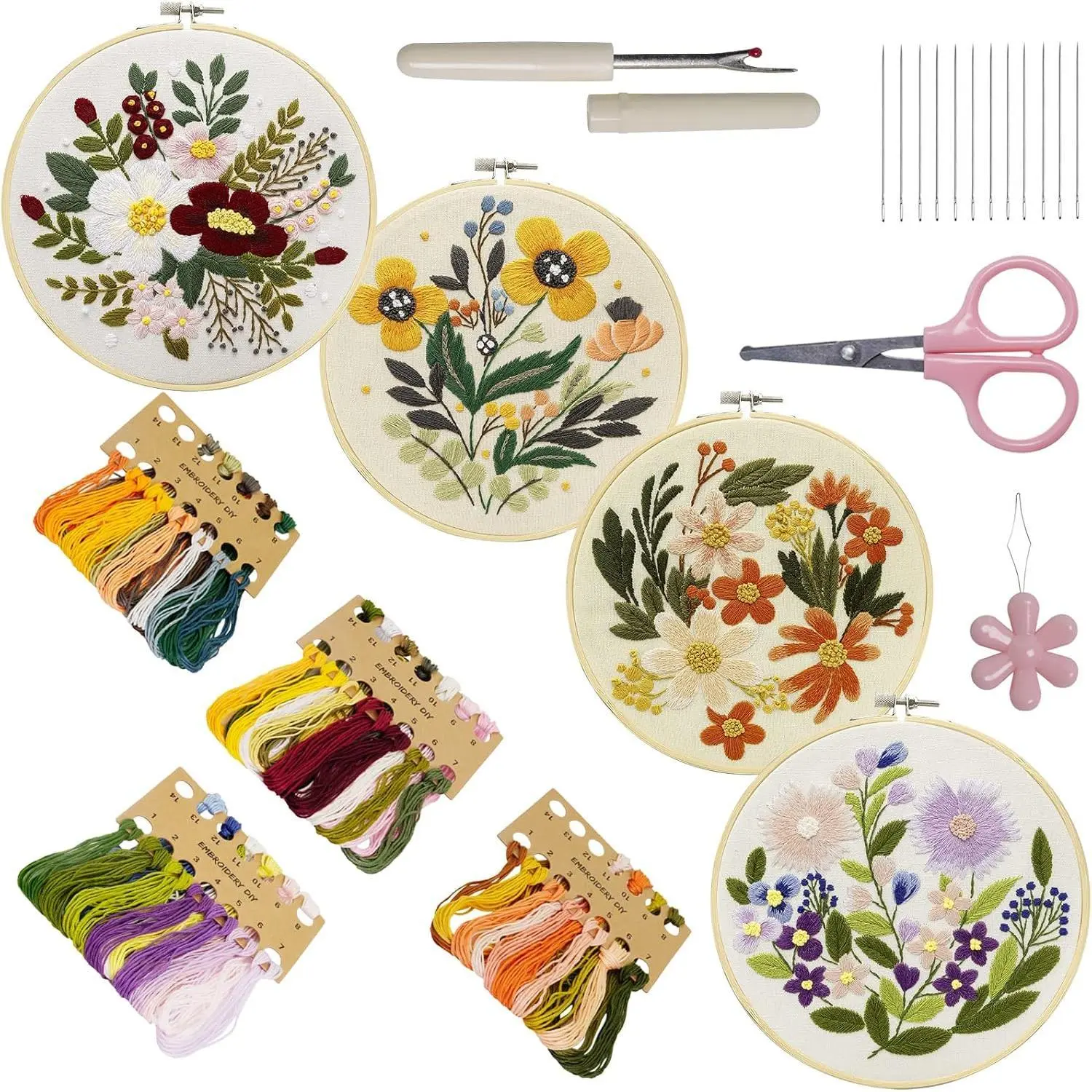 Z-SMA22 4-Set Beginner Embroidery Kit for Kids & Friends, DIY Needlework Art Craft with Bamboo Hoops, Patterned Clothes, Color Threads, Needle, 1 x Seam Ripper, Instructions (Multi 1) - Perfect Gift, Easy Operation, Mixed Textile