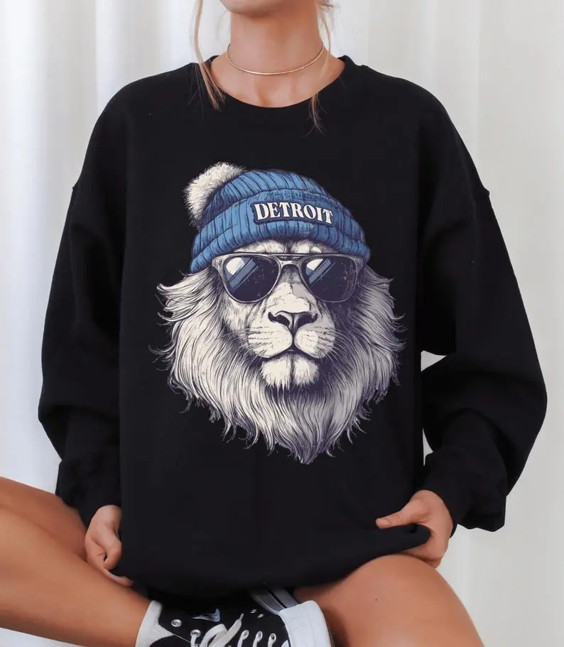 Detroit Football Sweatshirt, Cool Retro Beanie Cat Tee, Vintage Detroit Fan Game Day Top