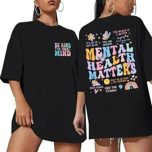 Cotton Short Sleeve T-Shirt Mental Health Matters Shirt Be Kind to Your Mind Letter Print Tshirt Inspirational Tee Graphic Short Sleeve Loose Oversized Round Neck Womenswear Colorful Cute Everyday Fabric Fit2ZX