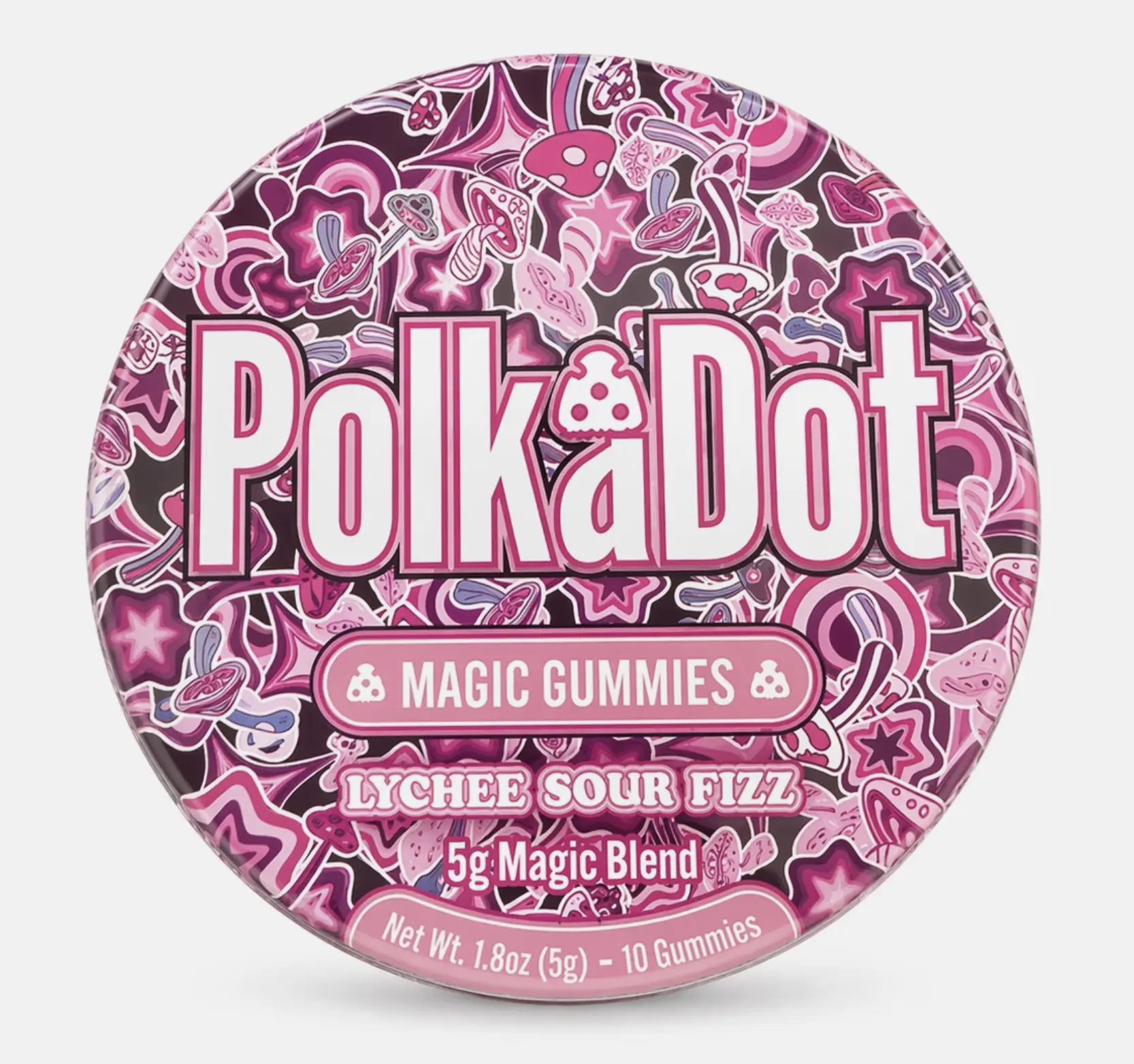 Polkadot Lychee Sour Fizz Gummies, 10 Count, High Potency Plant-Based Mushroom Gummies, Soft Chewy Gummies, 100% Organic Ingredients, High-Quality Formula, Freshness-Sealed, Secure Reusable Metal Tin, Travel-Friendly Packaging, Proudly Made in USA
