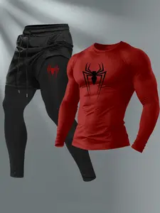 Men's Summer Set Spider Print Long Sleeve T-Shirt + Casual Waist Drawstring Pants, Outdoor Sports, Breathable Fabric, 2 Piece Set, Sports Clothing Set