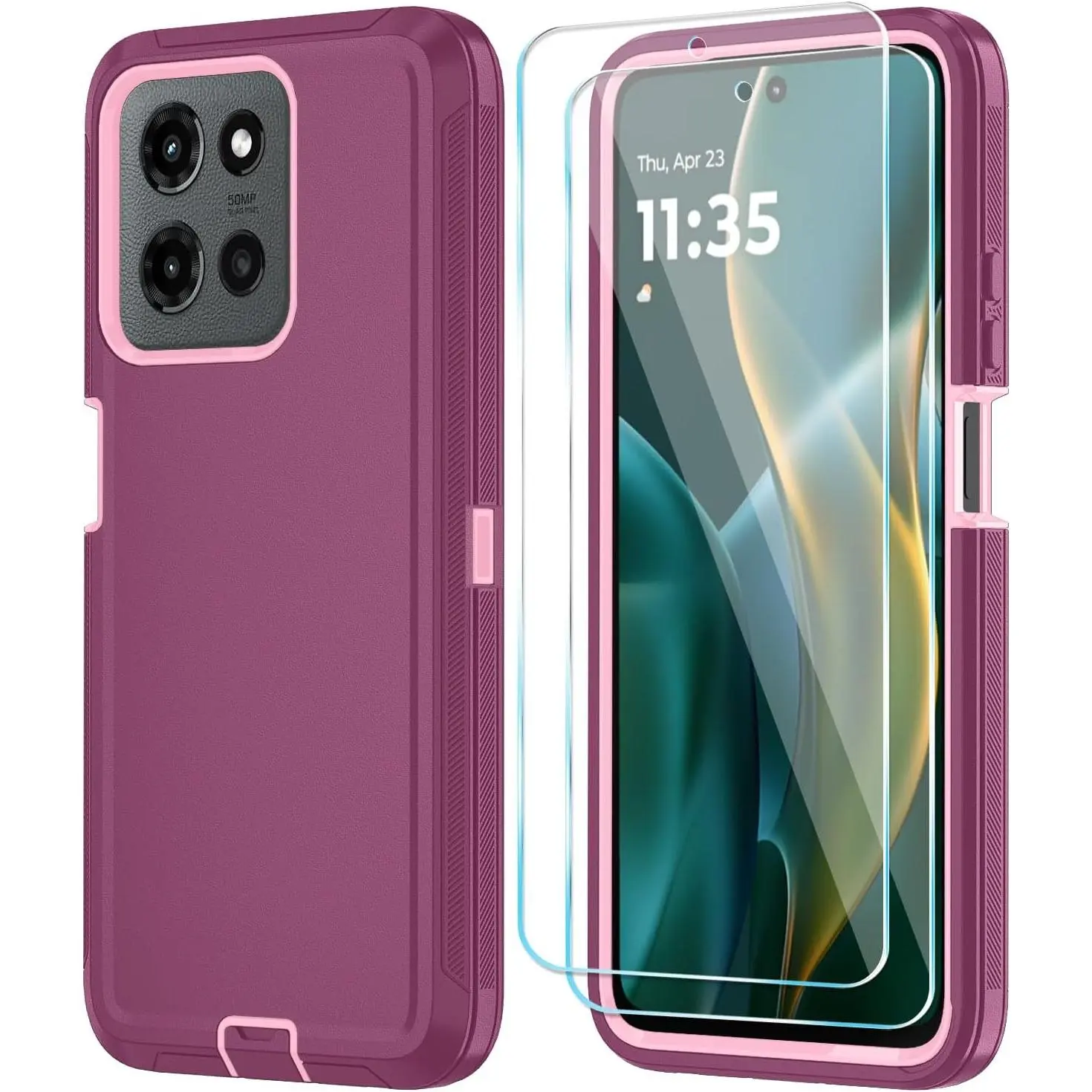 Phone Case for   G 2025/ G Play 5G 2025 Case with HD Screen Protector, Heavy Duty Shockproof & Dropproof 3-Layer Cover Phone Case,WineRedPink