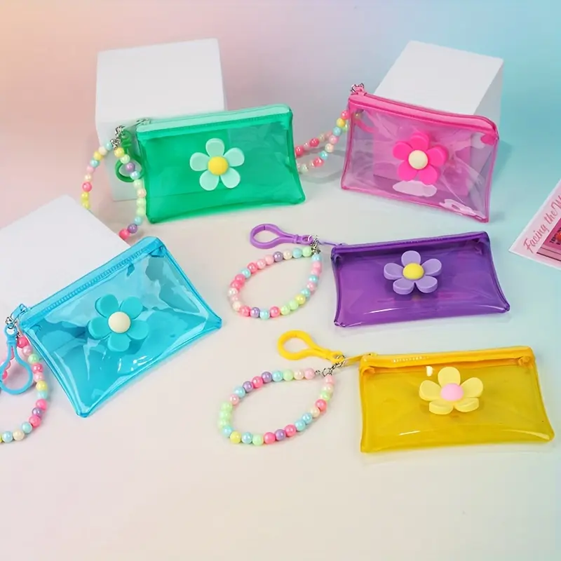 2pcs Chic Transparent PVC Coin Purse with Beaded Chain - Compact Key & Card Holder, Zip Closure, Easy Clean