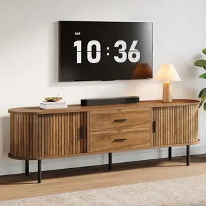 LITTLE TREE 70" Mid-Century Modern TV Stand for 75" TV, Fluted Entertainment Center with Sliding Tambour Doors, Drawers and Adjustable Shelves, Walnut Wooden Media Console TV Cabinet