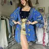 Women's Vintage Celestial Short Kimono Cardigan - Soft Silk-Viscose Plant-Based Fabric, Chic Loose Style Loungewear with Pocket, Aesthetic Lightweight Boho Flowy Top