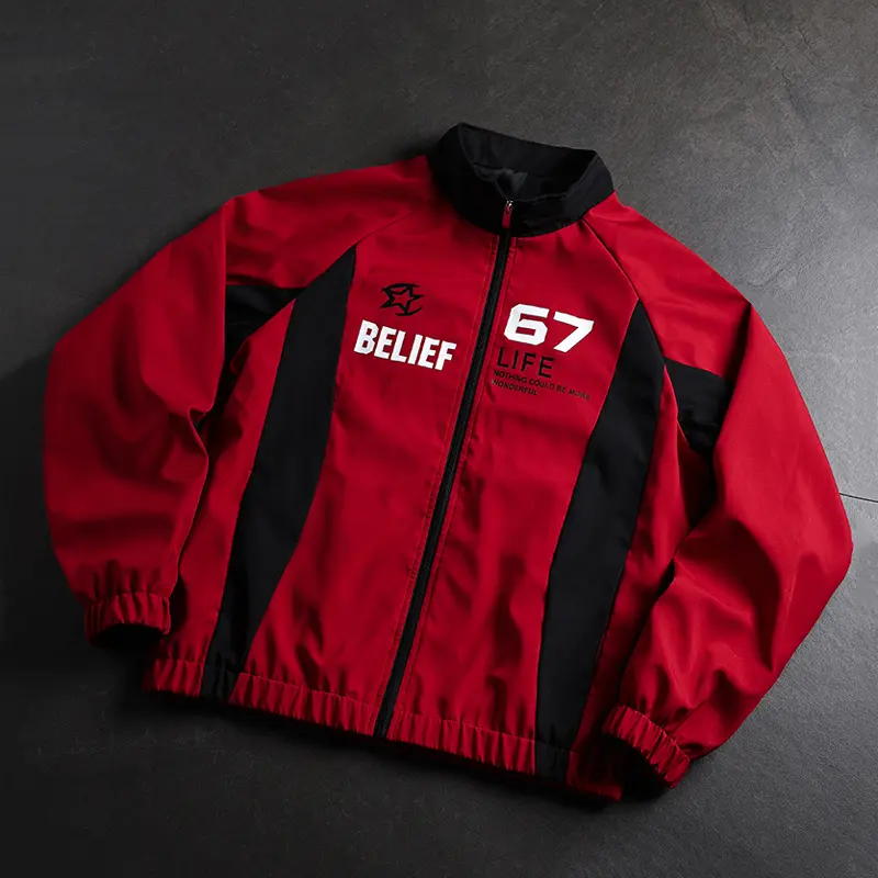 Men’s color-block zip-up track jacket, Y2K American street style racing windbreaker with stand collar and full zipper, loose outerwear, retro hip hop casual coat for everyday streetwear, going out, parties, and dating, for teen boys, spring/fall