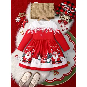 [Girls' Christmas Holiday Dress] Christmas Girls' Holiday Dress |         Long Sleeve, Round Neck, Stretchy Snowflake & Santa Print, Party Style, Polyester Knit, Regular Fit, All-Season
